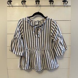 Ichi Ihdinira Blouse Top 3/4 Sleeve Ruffled Tie Neck Striped White Black 34